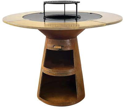 PURLINE | Barbecue rotondo con piastra in acciaio per giardino, terrazzo o patio esterno - Griglia circolare con bordo perimetrale in legno naturale e ampia superficie di cottura (EFP59CO WOOD)