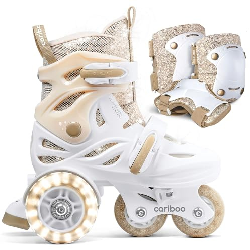 Cariboo Pattini per Bambini - Regolabili - Per Principianti - Set con Protezioni per Ginocchia, Gomiti e Polsi - Ballerina Oro XS