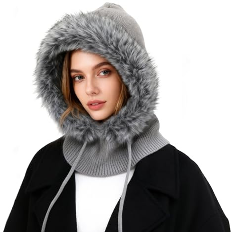 AYPOW Women Winter Slouchy Knitted Hat, Warm Windproof Adjustable Snood Hooded Scarf Plush Hat, 2 in 1 Fashion Ladies Balaclava Beanie Caps with Neck Warmer for Outdoor Activities Shopping Daily Grey