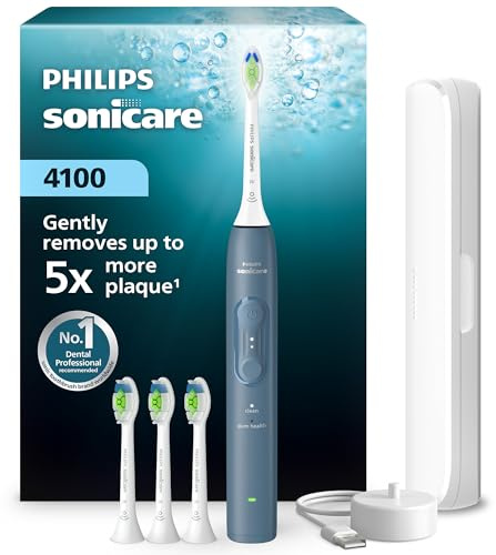 Philips Sonicare Serie 4100 - Cepillo dental sónico con sensor de presión, 4 ajustes de cepillado, EasyStart, SmarTimer, autonomía de 21 días, estuche, azul marino, HX4046/48, [Nuevo]