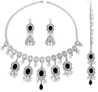 IMINI Set di gioielli indiani da donna, collana girocollo in argento antico e orecchini Jhumka, catena per la testa di matrimonio, maang tikka floreale, zirconia cubica e nappa di perle, gioielli