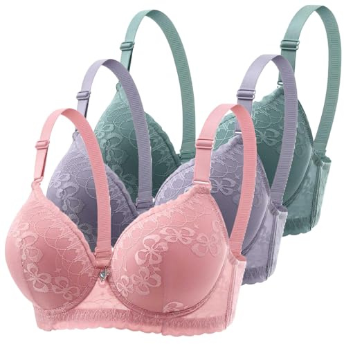 Pack de 3 Sujetadores con Aros Mujer Push Up Bralette Clásicos de Encaje Sujetador con Escote en V Sexy Sostenes Básicos Cómodo sin Costuras Bra Suave para Diario