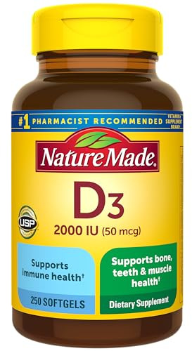 Nature Made Vitamin D3 2000 IU (50 mcg), Dietary Supplement for Bone, Teeth, Muscle and Immune Health Support, 250 Softgels, 250 Day Supply
