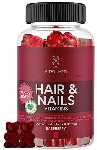 Gommes vitaminées VitaYummy pour Cheveux et Ongles au Goût de Framboise - vitamine C, de la vitamine D, du Sélénium, du Zinc une forte dose de Biotine (5000 µg) - 60 Bonbons pour les Cheveux