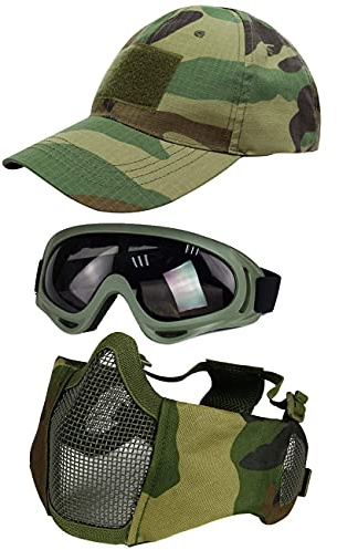 Hodeacc 3 Pcs Tactical Airsoft Mask Goggles Baseball Cap Set,Adjustable Half Face Mesh Mask with Ear Protection,Airsoft Glasses Eye Protection Outdoor Hat for Outdoor BB/CS Game