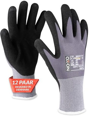 OX-ON FLEXIBLE SUPREME 1600 Arbeitshandschuhe Gr.10 I 12 Paar atmungsaktive Schutzhandschuhe mit Nitrilbeschichtung I Graue Mechanikerhandschuhe mit hohem Tastgefühl & Grip I EN Zertifizierung
