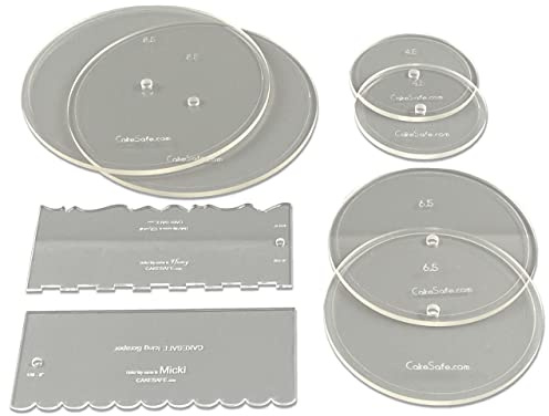 CAKESAFE Bare Necessities Cake Decorating Acrylic Disk Kit – 3 Sets -Round 4.5”, 6.5” and 8.5” Disk Sets (2 disks per size), 2-8 Icing Scrapers with 1 Scraper Edge and 3 Cake Comb Patterns