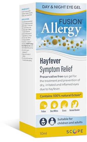 Fusion Allergy Day & Night Eye Gel with 100% Natural Ectoin - Drug Free Around The Clock Treatment and Prevention of Hay Fever Symptoms, Dry, Irritated and Inflamed Eyes (10ml - 220-250 doses)
