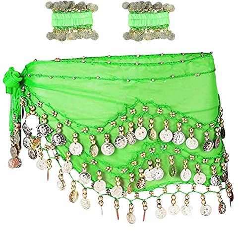 SamHeng Bauchtanz Hüfttuch mit Armbändern, Chiffon Bauchtanz Schal Wickeln Gürtelflügelrock mit goldenen Münzen für Performance Kostüm Bauchtanz Yoga Klasse