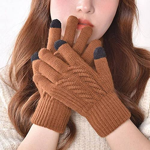 LUKX Kletterhandschuhe,Damen-Winterhandschuhe Warm Fleecefutter Strickhandschuhe RIPP-Jacquard Braun Touchscreen-Handschuhe Einfarbig Unisex-Windschutzhandschuhe Für Damen Damen Herren