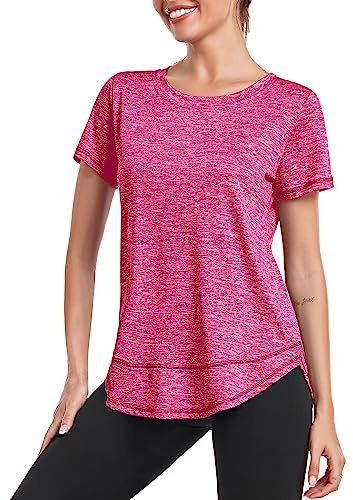 Deaviya Sporttröja för kvinnor, kortärmad T-shirt, träningströja, rundhalsad, atletisk, avslappnad, löpning, yoga, delad t-shirt, Röd, rosa, L