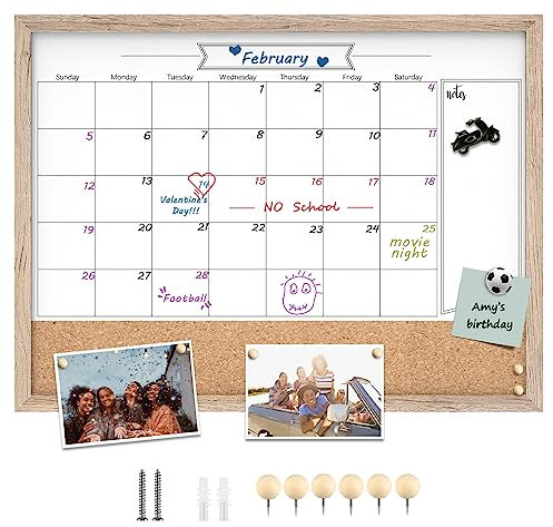 TORASO ZHYL-RB-4560 - Calendario de pizarra blanca y tablero de corcho, combinación de 18 x 24 pulgadas, pizarra blanca de borrado en seco y tablón de anuncios, marco marrón rústico y tablero