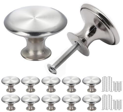 Misuyue 10 Stück Möbelknöpfe Silber, 30mm Runde Schrankknöpfe Edelstahl mit Schrauben, Türknöpfe für Schublade, Möbel, Küchenschränke, Kleiderschrank