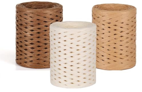 3 Rollen Bast Papier Bänd, Naisfei Raffia Papierband Naturbast, Raffia Paper Schnur, Geschenkband Verpackung Papier Bindfäden für DIY Handwerk Weberei Dekoration (110 m/Volumen)