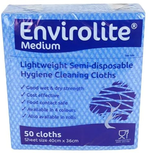 Envirolite Lightweight Semi-disposable Hygeine Cleaning Cloths, Pack of 50, Medium, Blue