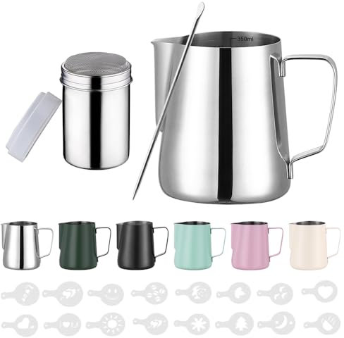 Zuquik Bricco Latte in Acciaio Inox, 350ml, Barista con Misurazione Mark 12oz, Bricco per Latte con Spargitore per Cacao, 16 Stencil e Penna per Cappuccino e Espresso,Argento