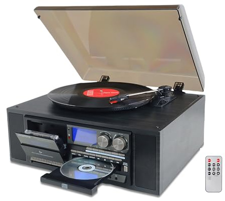 10 in 1 Vinyl Record Player 3 Speed Bluetooth Vintage Automatic Turntable CD Cassette Player AM/FM Radio USB Recorder Aux-in RCA Line-Out (Black)