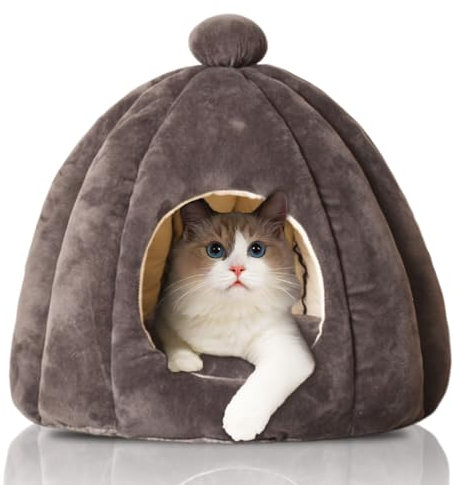 Fanchu Katzenbett, Große Katzenhöhle, Faltbare Katzenbetten mit waschbar Kissen für Katzen, Welpe, GemüTlich Katzenkorb Warm Katzenhaus für drinnen