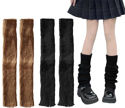 TOOINKCV 2 Paar Gestrickte Beinwärmer für Damen, Langer Winter Stulpen, Leg Warmers, Beinstulpen für Frauen Mädchen,Häkeln Beinwärme Sockenr Stulpen Damen Kniestrümpfe für Ballett(Khaki/Schwarz, 40cm)