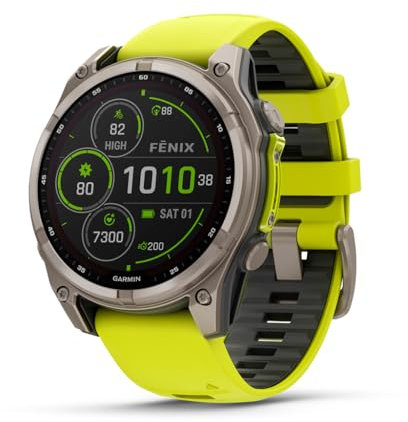Garmin fēnix® 8 – 47 mm, Solar, Sapphire, Premium Multisport GPS Smartwatch, Long-Lasting Battery Life, Dive-Rated, Built-in LED Flashlight, Titanium with Amp Yellow/Graphite Band