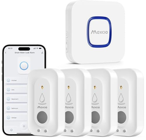 Maxcio Detector de Fugas de Agua WiFi con Puerta de Enlace y Batería, Detector Fugas de Agua Inteligente para Sótano, Baño y Cocina, Alarma Ajustable de 110 dB, Notificaciones Vía App, SMS y Teléfono