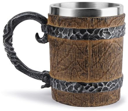 Boccale da birra medievale, da caffè in legno, accessorio vintage da bar, da caffè da uomo, con manico, da caffè unica, confezione in resina per la casa