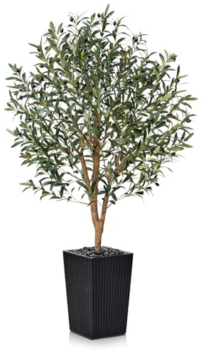 VeriNatural Olivier Artificiel 150cm-Grande Plante Artificielle d'Intérieur et Extérieur, Fausse Arbre avec Pot en Plastique Tressé Noir&Résistant aux UV-Décoration pour Maison,Balcon,VN133