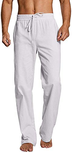 Runcati Herren Leinenhose Lang Freizeithose Leicht Baumwolle Sommerhose Männer Yoga Strandhose, Weiß, L