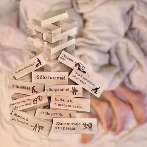 Juego de torre de bloques traviesos de 48 piezas, juego de torre apilable, español, bloques de torre de apilamiento de madera, juegos de citas para parejas, juego de bloques apilables de torre de San
