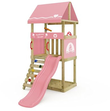 Wickey Parco giochi DinkyHouse senza estensione dell'altalena - con scivolo & telone rosa pastello - Torre di arrampicata per bambini per il giardino in legno massiccio - 219x114x247 cm