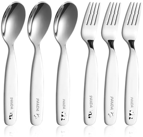 6 PCS kinderbesteck edelstahl,kindergabel,13.3 cm kinderlöffel, besteck kinder, Dessertgabeln, Suppenlöffel Für Kinder geeignet, Geeignet für Küchen,Desserts und Kinderkantinen (Panda, Tierdruck)