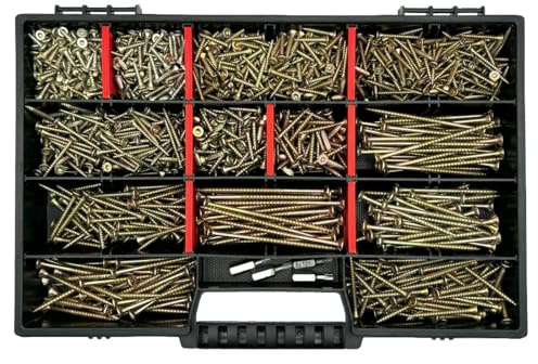 FRACKMANN Schraubenset 1345 Teile – Holzschrauben & Spanplattenschrauben 3x12 bis 4,5x80 – inkl. 4 TX Bits & Sortimentskoffer – Profiqualität Made in Germany