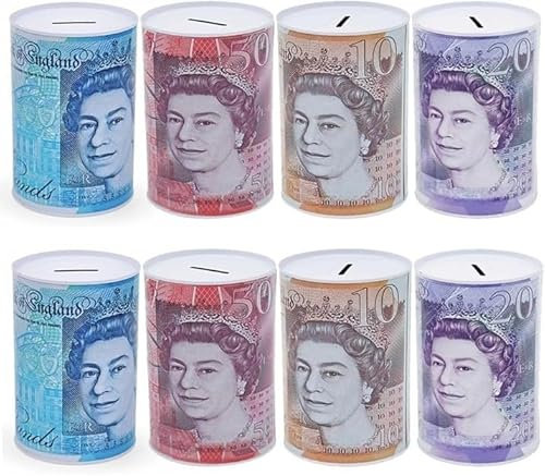 8 x Tin MONEY BOX ® - STERLING MONEY BOX TIN PIGGY BAK, MONEY TIN,SAVINGS,CHRISTMAS FUND, GIFTS, STERLING MONEY POT TINPLATE SAVING MONE BOX, 15 x 10 x 10 cm - PACK OF 8