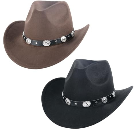 CZCMYAU Lot de 2 chapeaux de cowboy occidentaux à large bord en feutre doux et confortable et réglable avec boucle de ceinture pour homme et femme Noir et marron