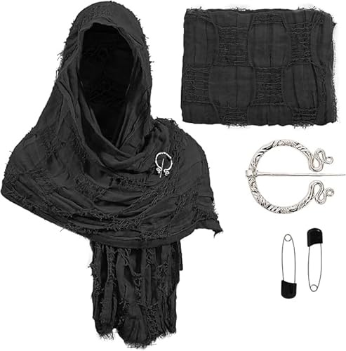 JIAHG Women’s Vintage Tattered Cotton Linen Hooded Shawl Wrap Distressed Patchwork Scarf Cloak with Pins & Brooch Grunge Ragged Poncho Cape for Halloween Cosplay Festivals Costume (Jet Black)