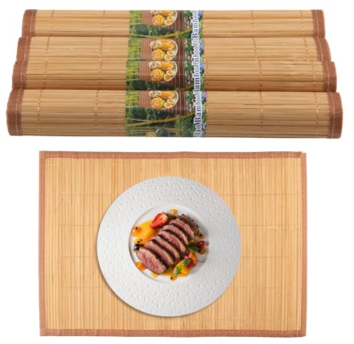 Vaskula 4 Pièces Set de Table Bambou Lavable 44 x 30 cm Set de Table Bois AntidéRapant Bord en Tissu Tapis Bambou pour Les Réunions Famille Fêtes et Barbecues Cuisine (Naturel)