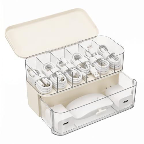 AiQInu 2 Pezzi Organizzatore Cavi, con Coperchio e 6 Scomparti, Porta Cavi per USB, Caricabatterie e Accessori, per Casa o Scrivania