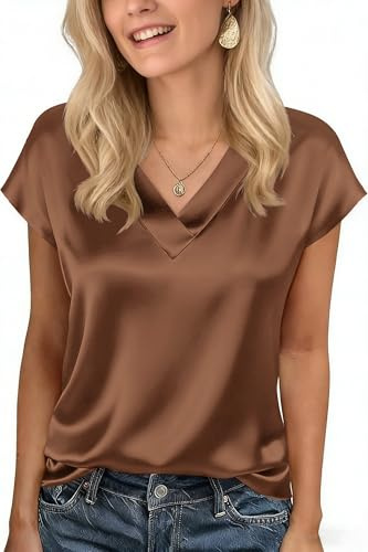 Xiaoliny Blusa de Satén Mujer Elegantes Camiseta de Manga Corta con Cuello en V Verano Casual Camisa Básica T-Shirts Liso Holgada Top Colores Sólidos Fluida Blusas para Salir Oficina Fiesta Diario