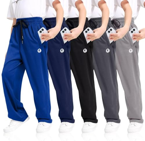 OCYMA 5 Pack Boys Joggers Bottoms, Boys Tracksuit Bottoms with Zip Pockets, Athletic Mesh Joggers Kids Sweatpants for Boys 5-24