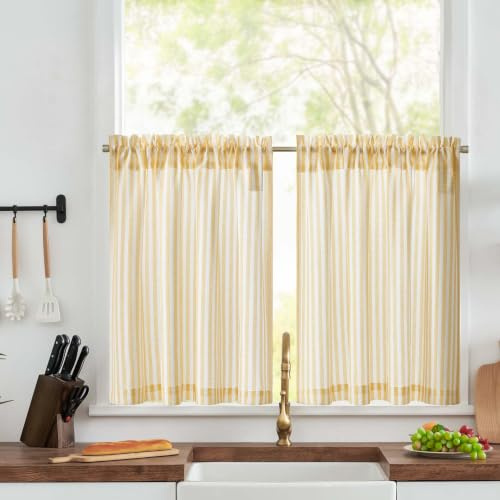 TOPICK Kitchen Curtains, Yellow Striped Linen Look Cafe Curtains W36 xL24 | 2 Panels Rod Pocket Small Curtains, Light Filtering Privacy Curtains for Living Room, Bathroom, Bedroom, Cupboard Base, Sink