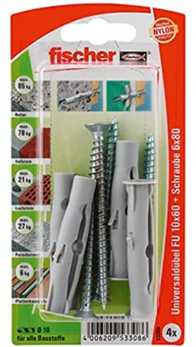 Fischer 53308 Lot de 4 Chevilles universelle FU 10 x 60 mm SK