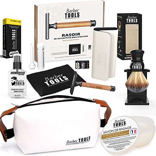 Kit de rasage - Rasoir de Sécurité/Rasoir de Sûreté + 40 doubles lames + Blaireau de rasage + savon de rasage 150ml + Baume après rasage 30ml + Pierre d'alun + Grand sac ✮ BARBER TOOLS ✮