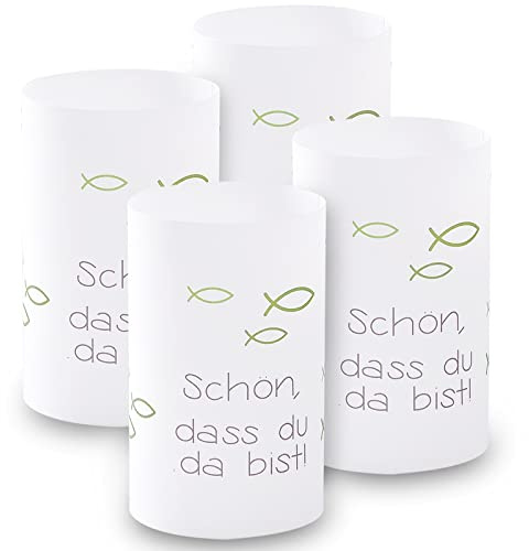 Windlicht Fisch Deko, 8 Stück Mini Tischlichter Kerzen Deko als Tischdeko für Junge und Mädchen Kommunion Konfirmation Taufe Teelichter I Schön DASS du da bist I ca. 6,0 x 10,0 cm (Grün)