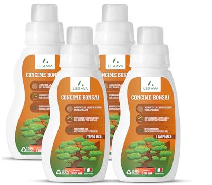 LERAVA® Bonsai Dünger flüssig - 4x 330ml mit Dosierkappe - bonsaidünger für ficus gingseng, Fukientee oder japanischer Ahorn mit Spurenelemente - Fördert die Verholzung - Flüssigdünger “Made in Italy”