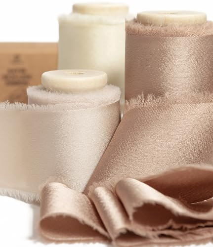 Vitalizart Satin Seidenband Champagner & Beige & Creme, Geschenkband 3,8 cm x 13,7 m mit Holzspule, Stoffband für Geschenkverpackungen, Festliche Dekorationen, DIY-Basteleien, Hochzeitssträuße