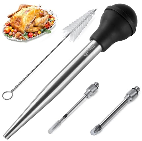 QPMR Baster de pavo con cepillo de limpieza, herramienta de acero inoxidable para cocinar jeringa para asar pavo, incluye 2 agujas de inyector de adobo de carne para Acción de Gracias