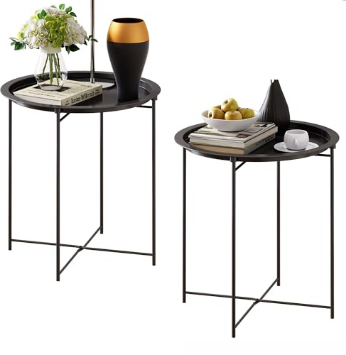 Elitehouse End Table Set of 2,Outdoor Side Table, Small Patio Round Folding Metal Black Side Tables for Outdoor,Living Room,Balcony and Office,Φ18.5 x 19.9H，2 PCS