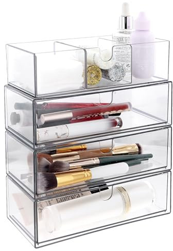 Mapille 4 Pezzi Organizer Trucchi Acrilico, Organizer per Cassetti, Porta Trucchi Organizer, Impilabili Scatola per Trucco, Organizzatore per Trucco da Bagno, per Cosmetici,Cancelleria e Gioielli