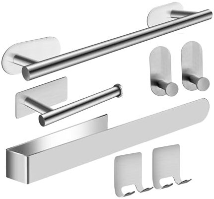 HOMMEY- Toalleros de Baño sin Taladro - Toallero Adhesivo de Baño- Toallero 40cm + 3 Accesorios Baño - Acero Inoxidable 304 - Adhesivo Ultrafuerte- Set Accesorios Baño (Acero Pulido 7 Unidades)