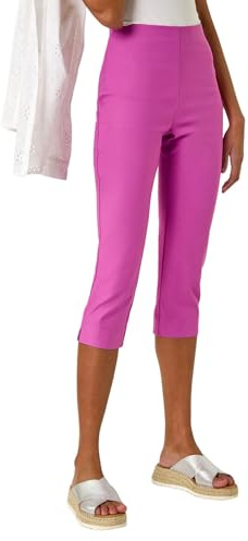 Roman Cropped Trousers for Women UK Ladies Capri Leggings Summer Pants Short Crop Stretch 3/4 Length Three Quarter Pedal Pusher Clothes Elasticated Bengaline Cut Off - Violet - Size 14